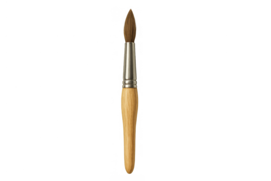 Round watercolor paintbrush with wooden handle and metal ferrule, art supplies for painting and creative work, transparent background