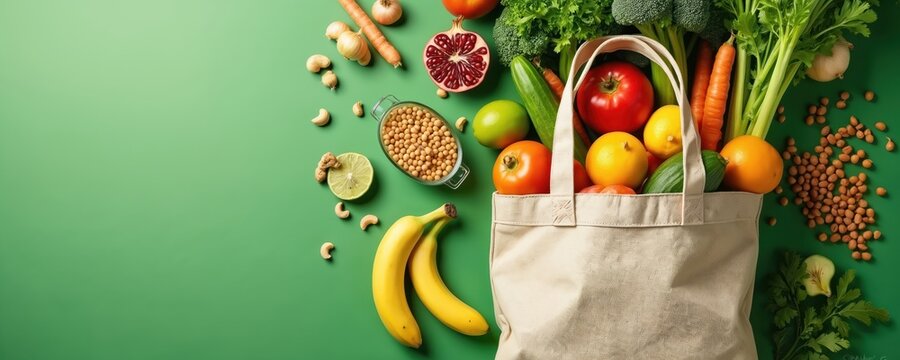 Eco bag full of fresh fruits vegetables nuts on green surface. Healthy food shopping from market or grocery delivery concept. Balanced diet meal plan ingredient.