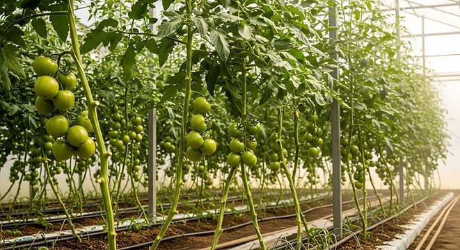 Greenhouse Tomatoes - A Crop of Unripe Fruit.