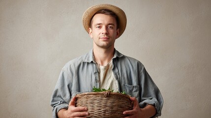 Caucasian young male farmer with basket of fresh vegetables and straw hat