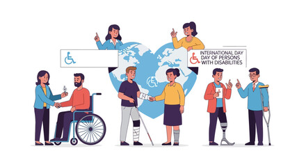 A diverse community of people with different disabilities celebrating social inclusion, support, and accessibility