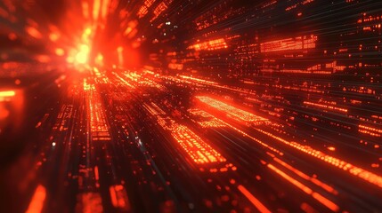 Abstract glowing red data flowing through digital network