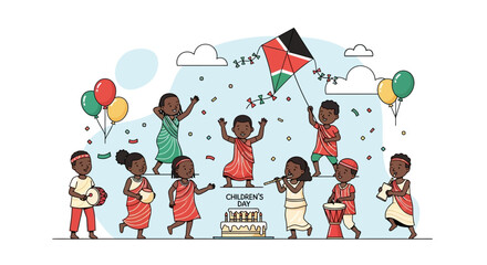 Fototapeta premium Children's Day Celebration with Kids Playing and Flying a Kite