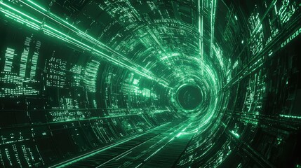 Futuristic digital tunnel with green glowing light and matrix data