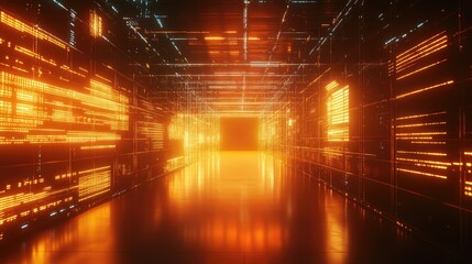 Fototapeta premium Digital data stream tunnel with glowing orange lines