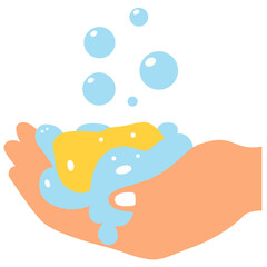 Hands washing with yellow soap and blue bubbles, perfect for handwashing, sanitation, or school health education.