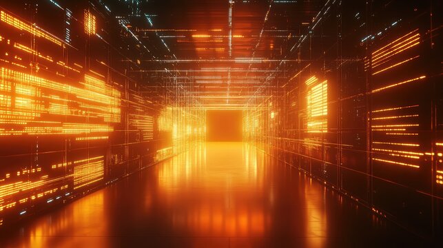 Digital data stream tunnel with glowing orange lines