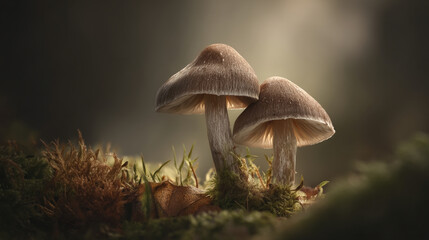 Fototapeta premium Close up of two mushrooms growing on a mossy surface in a softly lit forest environment setting