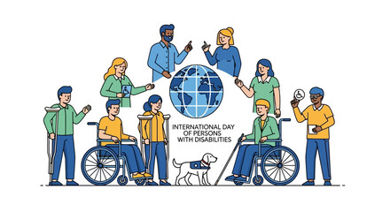 Diverse group of people with disabilities interacting around a globe, celebrating International Day of Persons with Disabilities, promoting inclusion and accessibility worldwide