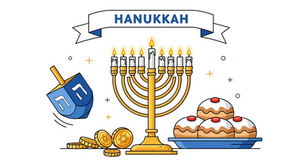 Hanukkah Celebration Festive Icon with Menorah, Dreidel, Coins, and Sweet Treats