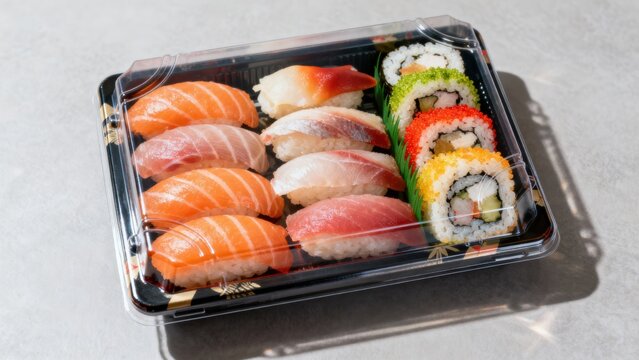 Sushi to go concept. Takeaway box with sushi Sushi platter with assorted rolls and slices of fish.