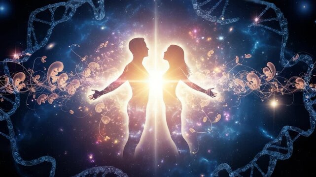 Spiritual Connection of Two Souls, Divine Union, Genetic Link in the Cosmos Visualization - Powered by Adobe