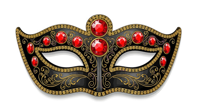 Ornate black and gold masquerade mask with red gems