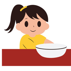 Girl sitting at table with bowl, promoting mealtime cleanliness, healthy eating, and family hygiene education.