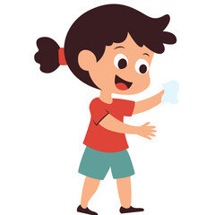 Girl using tissue to wipe face, great for teaching personal hygiene, sneeze etiquette, or childcare education.