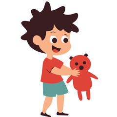 Boy holding red teddy bear, ideal for teaching toy hygiene, cleaning, or childcare safety in educational visuals.