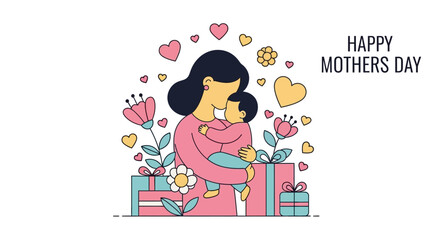 Happy Mother's Day celebration with mom and child surrounded by gifts and flowers in a heartwarming illustration