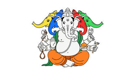Ganesha Illustration with Multiple Elephant Heads and Colorful Design for Religious Symbolism