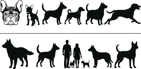 Dog breed silhouette vector set, black and white illustration, size comparison chart, human scale reference, pet icon template, animal graphic artwork