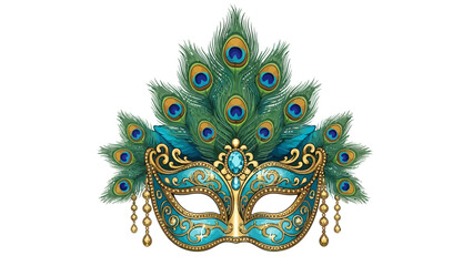 Ornate peacock feather masquerade mask with gold trim and jewels