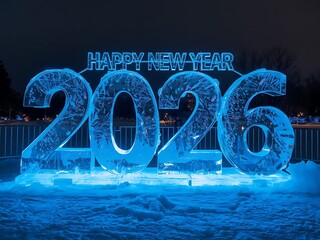 A large, glowing ice sculpture of the numbers 2026 is displayed outdoors at night, illuminated with vibrant blue light.
