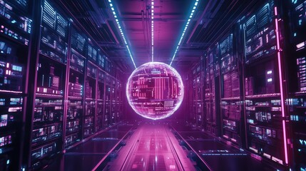 Data processing sphere floating in server room