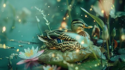 A duck rests on lily pads in a serene pond, surrounded by soft lighting and foliage