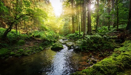 tranquil forest stream surrounded by lush greenery and sunlight