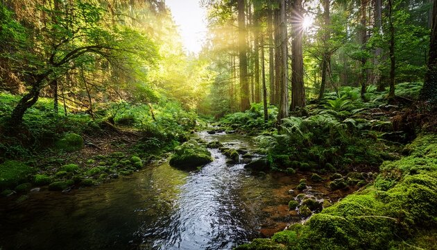 tranquil forest stream surrounded by lush greenery and sunlight