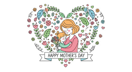 Heart-Shaped Mother's Day Illustration A Celebration of Love, Flowers, and Family Bonds