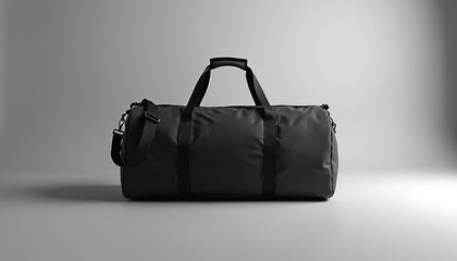 Black duffel bag sits on a clean grey background. This versatile carry on bag has handles and shoulder strap. Modern travel accessory for gym or weekend trips.