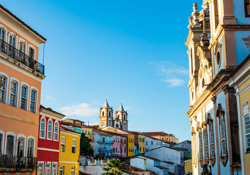 Colorful colonial buildings and cobblestone streets in Pelourinho, the historic center of Salvador, Bahia, Brazil