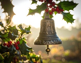 Close-up of a decorative bell hanging from holly with red berries