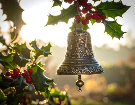 Close-up of a decorative bell hanging from holly with red berries - Powered by Adobe