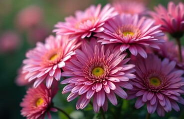 Pink aster flowers bloom in a garden on a sunny day. Delicate petals with yellow centers create a natural beauty. Flora in full bloom offers spring and summer charm.