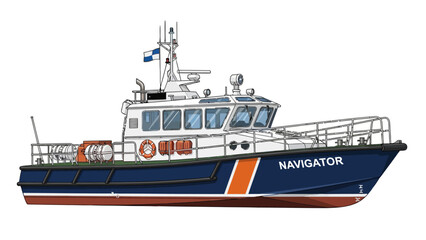 Pilot boat with name NAVIGATOR white superstructure blue hull orange stripe