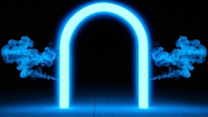 Glowing neon archway with blue smoke on black background