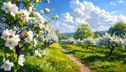 Blooming fruit trees line a path through a vibrant meadow under a sunny sky.