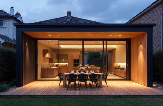 Modern home extension features wooden deck, patio. Kitchen interior with dining table visible through glass doors. Exterior contemporary architecture, landscaping. Ideal for real estate, design,
