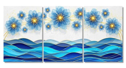 Abstract triptych of blue flowers over waves with gold accents, creating a serene and modern wall art piece suitable for any home decor