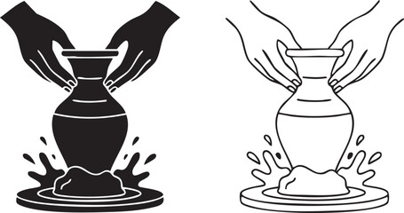 Hands shaping a vase on a pottery wheel silhouette isolated on transparent background