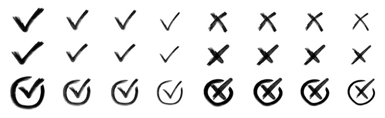 Check tick mark icon set. Cross box x check mark checkbox v list vector draw hand drawn sketch doodle brush marker checklist symbol wrong right circle. Vector alphabet letters and numbers vector,  © dieno production