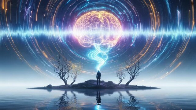 Ethereal Mindscape: Human Silhouette Connecting to Universal Intelligence Through Light and Water