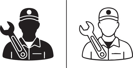 Mechanic silhouette and outline icon with wrench isolated on transparent background