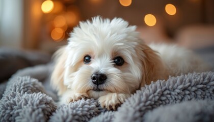 Fluffy white dog rests comfortably on soft grey blanket. Warm bokeh lights create cozy ambiance. Small canine enjoys peaceful moment at home. Adorable pet looks relaxed, content. Dog eyes dark,