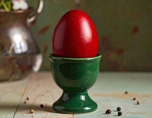 A vibrant red, Easter-colored egg rests in a green ceramic egg cup, set on a wooden surface with subtle speckles. A pitcher and florals are in the background