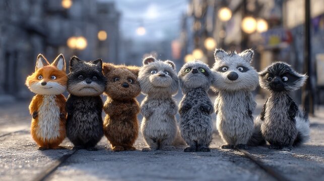 Adorable cartoon animals lined up on a city street for an adventure.