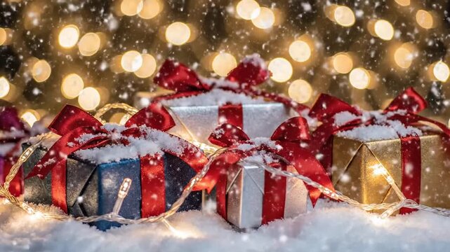 Festive holiday scene with wrapped gifts and twinkling lights celebrating