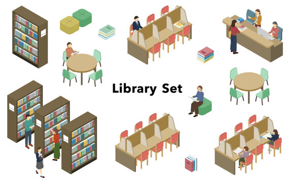 アイソメトリックイラスト：図書館セット