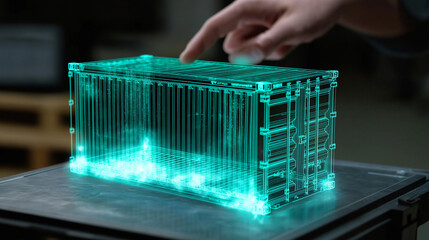 A glowing turquoise holographic 3D container model displayed on a digital industrial workstation, with a human hand interacting with the virtual interface.